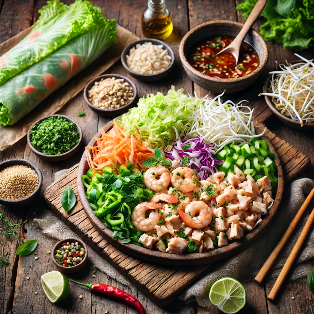 Een rustieke oude houten tafel met een kleurrijke mix van ingrediënten voor loempiavulling: stukjes gare kip, gehakte garnalen, kool, reepjes groene paprika, taugé, prei, ui en verse kruiden, gerangschikt op een houten plank en in een kom. Alles ziet er vers en klaar voor verwerking in loempiavellen uit.