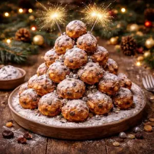 Alt-tekst: Een feestelijke toren van mini-oliebollen, goudbruin gebakken en bestrooid met poedersuiker, gestapeld op een houten schaal op een rustieke houten tafel. Versierd met zilverkleurige pareltjes en fonkelende sterretjes, omringd door kerstdecoratie.