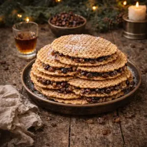 Nieuwjaarswafels met boerenjongens, goudbruin gebakken en gevuld met rozijnen op brandewijn, geserveerd op een rustieke houten tafel in warme Oud & Nieuw-sfeer