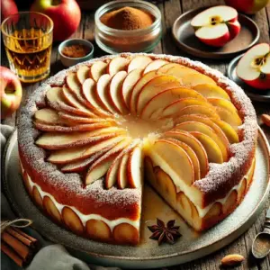 Een feestelijk opgemaakte noten kruidencake met appelvulling op een rustieke houten tafel. De cake is opengesneden en toont een laagje kaneelroom en zachte appelpartjes binnenin. De bovenkant is versierd met glanzende appelschijfjes in een kransvorm en bestrooid met poedersuiker. Er liggen ingrediënten zoals appels, gemalen amandelen, speculaaskruiden en een glas Moscato d'Asti naast de cake.