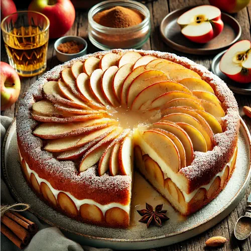 Een feestelijk opgemaakte noten kruidencake met appelvulling op een rustieke houten tafel. De cake is opengesneden en toont een laagje kaneelroom en zachte appelpartjes binnenin. De bovenkant is versierd met glanzende appelschijfjes in een kransvorm en bestrooid met poedersuiker. Er liggen ingrediënten zoals appels, gemalen amandelen, speculaaskruiden en een glas Moscato d'Asti naast de cake.