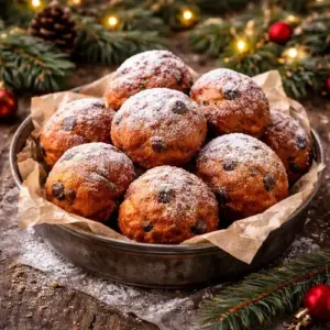 Versgebakken oliebollen met rozijnen, rijkelijk bestrooid met poedersuiker, geserveerd in een metalen schaal met bakpapier, op een houten tafel met kerstdecoratie.