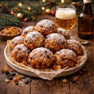 Oliebollen met abrikozen en rozijnen, rijkelijk bestoven met poedersuiker, geserveerd op een rustieke houten tafel met een glas en flesje bier ernaast, in een sfeervolle kerstsetting.