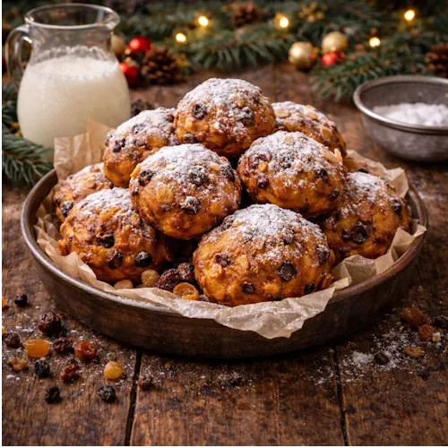 Oliebollen met rozijnen en krenten, rijkelijk bestoven met poedersuiker, geserveerd in een donkere schaal op een rustieke houten tafel, met een kan karnemelk en kerstdecoratie op de achtergrond.