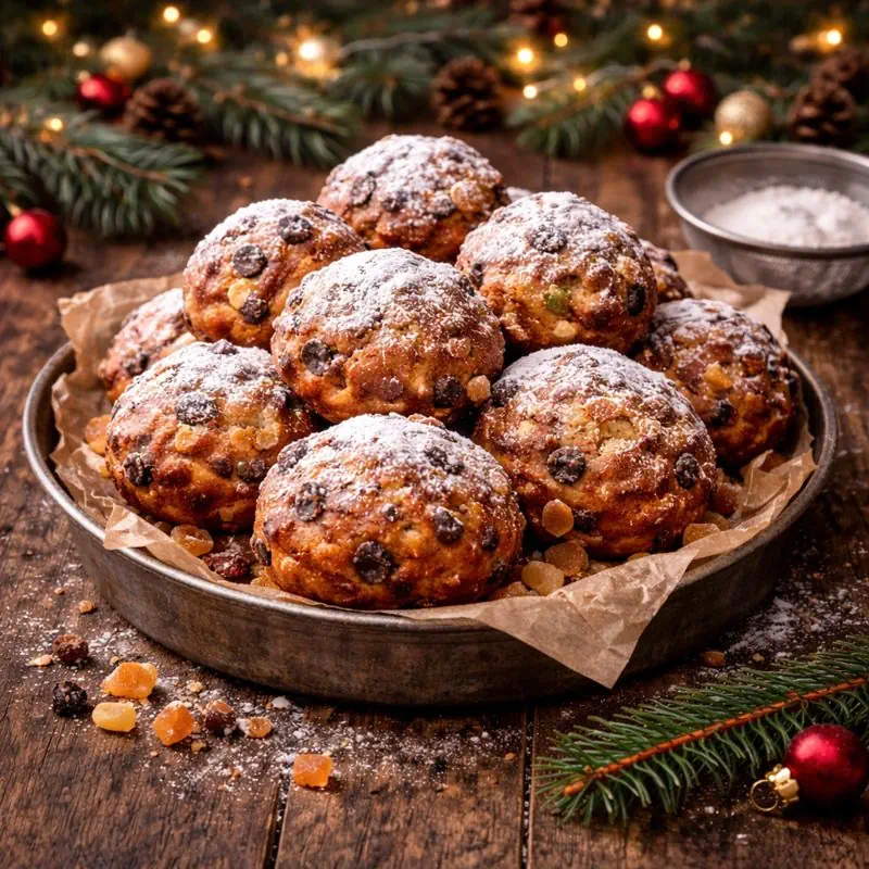 Oliebollen met krenten en sukade, goudbruin gebakken en rijkelijk bestrooid met poedersuiker, gepresenteerd op bakpapier in een ronde metalen schaal op een rustieke houten tafel, met kerstgroen en lichtjes op de achtergrond.
