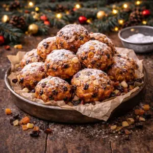 Een schaal met versgebakken oliebollen gevuld met zuidvruchten zoals krenten, rozijnen, sukade, oranjesnippers en stukjes appel, rijkelijk bestoven met poedersuiker. De bollen liggen op bakpapier in een metalen schaal op een rustieke houten tafel, met kerstlichtjes en dennengroen op de achtergrond.