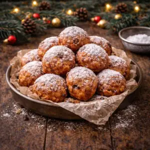 Verse oliebollen, goudbruin gebakken en royaal bestoven met poedersuiker, geserveerd op een rustieke houten tafel met kerstgroen op de achtergrond.