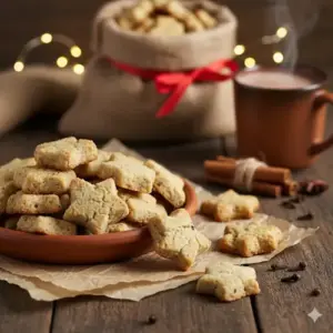 Een schaal vol goudbruine, zachte Pepernoten, gemaakt met boter en speculaaskruiden, rustend op een rustieke houten tafel, perfect als Sinterklaas strooigoed.