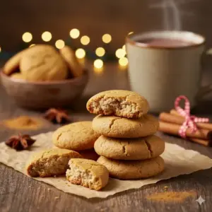 Een stapel zachte, onregelmatige pepernoten, sommige aangebeten, met een warme drank en kruiden op de achtergrond. Representeert een snel en makkelijk Sinterklaas recept.
