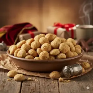 Een schaal vol traditionele, zachte pepernoten, gemaakt met basterdsuiker en speculaaskruiden, rustend op een rustiek houten oppervlak.