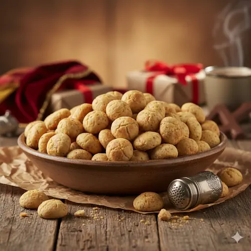 Een schaal vol traditionele, zachte pepernoten, gemaakt met basterdsuiker en speculaaskruiden, rustend op een rustiek houten oppervlak.