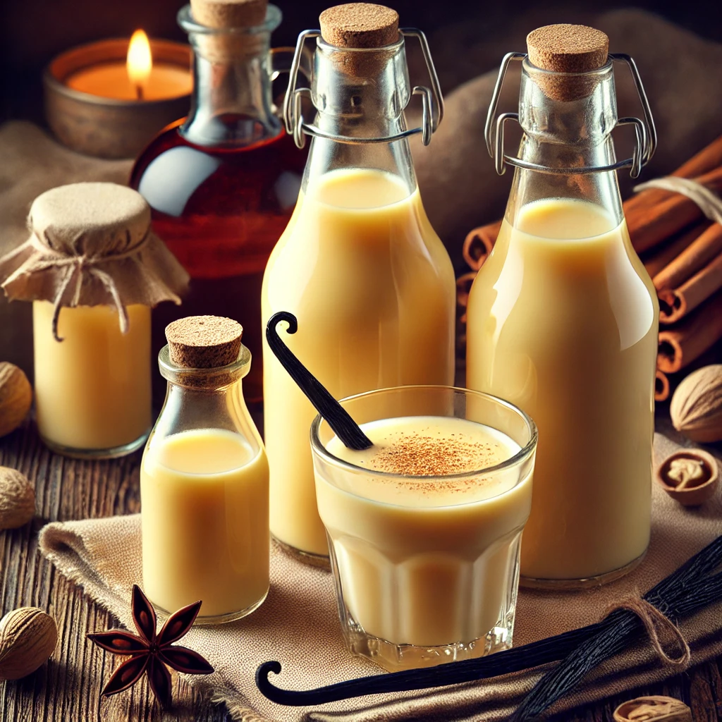 Ponche Crema, een traditionele Antilliaanse drank, in glazen flessen met een romige goudgele kleur, geserveerd met een glaasje, gegarneerd met een snufje nootmuskaat, op een rustieke houten tafel met verspreide nootmuskaat en vanille.