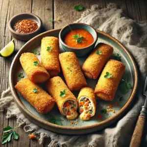 Risolle Indonesian fried croquettes with chicken filling on a rustic wooden table