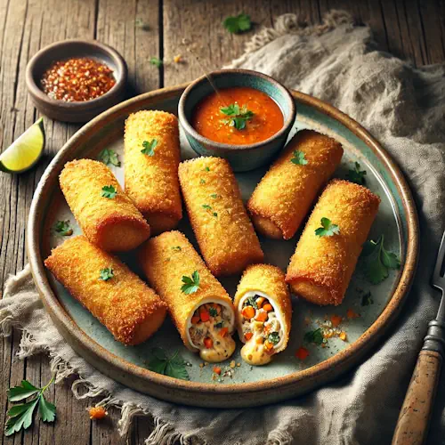 Risolle Indonesian fried croquettes with chicken filling on a rustic wooden table