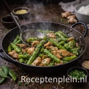 roergebakken asperges met spekjes op een rustieke houten tafel