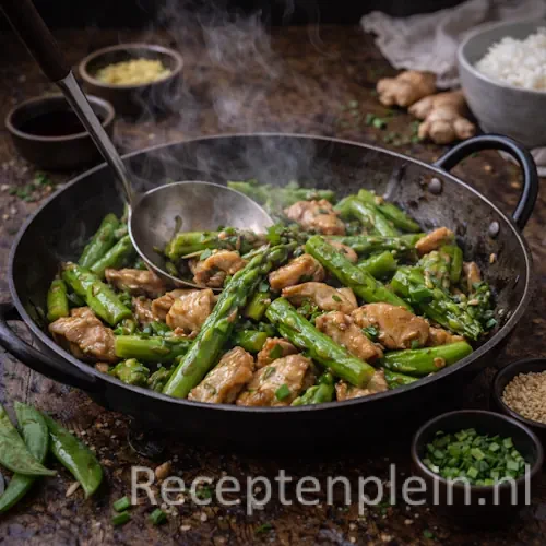 roergebakken asperges met spekjes op een rustieke houten tafel