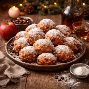 Rumbollen met rozijnen, krenten en appel, goudbruin gefrituurd en royaal bestrooid met poedersuiker, geserveerd op een oude houten tafel met warme Oud & Nieuw-sfeer en bijpassende ingrediënten
