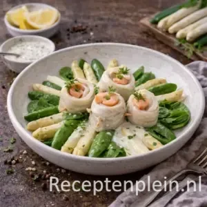 Salade van tong en asperges op rustieke houten tafel