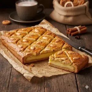 Een versgebakken, goudbruine plak Gevulde Speculaas, gemaakt met basterdsuiker en gevuld met amandelspijs, aangesneden op een rustieke houten tafel.