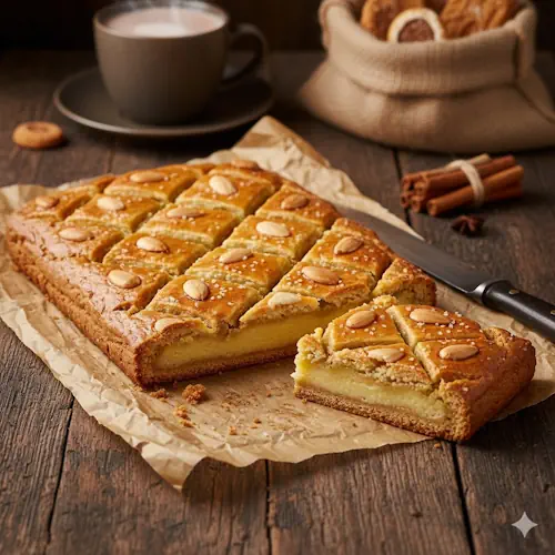 Een versgebakken, goudbruine plak Gevulde Speculaas, gemaakt met basterdsuiker en gevuld met amandelspijs, aangesneden op een rustieke houten tafel.