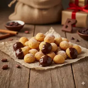 Versgebakken, goudbruine kruidnootjes op een rustieke houten tafel, met enkele koekjes half gedoopt in gesmolten chocolade, met een traditioneel Sinterklaas decor op de achtergrond.