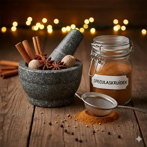 Een rustieke houten tafel met kommetjes gevuld met kaneel, kruidnagel en nootmuskaat, en een vijzel om de speculaaskruiden zelf te maken.