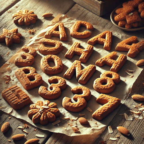 Een selectie van zelfgebakken speculaasletters en -cijfers op een bakplaat, bestrooid met amandelschaafsel, na het gebruik van een speculaasplank.