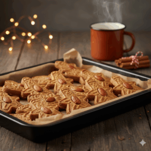 Een goudbruine Speculaaspop, gedetailleerd gevormd met een speculaasplank, klaar om te serveren als traditioneel Sinterklaasgebak.