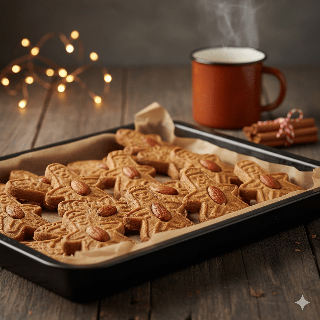 Een goudbruine Speculaaspop, gedetailleerd gevormd met een speculaasplank, klaar om te serveren als traditioneel Sinterklaasgebak.