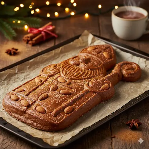 Een grote, traditionele speculaaspop, gedetailleerd gevormd en versierd met amandelen, op een bakplaat of dienblad.