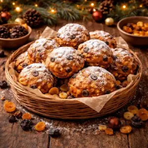Tutti Fruttibollen met stukjes abrikoos, appel, pruim en dadel, rijkelijk bestrooid met poedersuiker en geserveerd in een rieten mandje op een rustieke houten tafel met kerstdecoratie op de achtergrond.