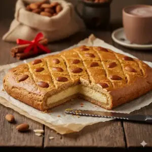 Een versgebakken, goudbruine plak Vegan Gevulde Speculaas, met een vulling van amandelspijs, aangesneden op een rustieke houten tafel.
