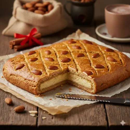 Een versgebakken, goudbruine plak Vegan Gevulde Speculaas, met een vulling van amandelspijs, aangesneden op een rustieke houten tafel.