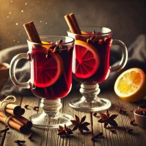 Warme bisschopswijn, diep rood van kleur, geserveerd in heldere glazen mokken, gegarneerd met een schijfje citroen en een kaneelstokje, op een rustieke houten tafel met verspreide kruidnagels, een hele citroen en kaneelstokjes.