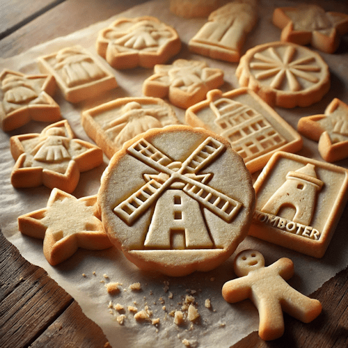 Fotorealistische afbeelding van lichte, boterige witte speculaasjes in klassieke vormen zoals molens en bloemen, op bakpapier met kruimels, in zacht daglicht op een houten tafel.