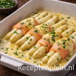 Asperges in verse zalm op een rustieke houten tafel.