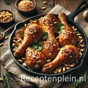 Drumsticks met pijnboompitten goudbruin gebakken op rustieke houten tafel