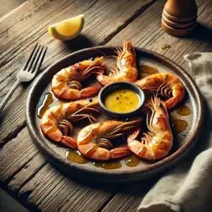Gegrilde gamba tapas met citroenbotersaus op rustieke houten tafel met brood en saus