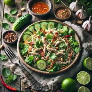 Thaise kipsalade van Astrid Veltman op rustieke houten tafel