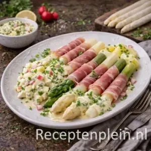 Asperges met rauwe ham en eiersalade op een rustieke houten tafel.