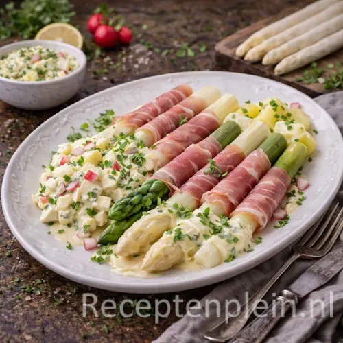 Asperges met rauwe ham en eiersalade op een rustieke houten tafel.