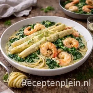Asperges met scampi’s, pasta en spinazie op rustieke houten tafel