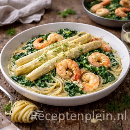 Asperges met scampi’s, pasta en spinazie op rustieke houten tafel