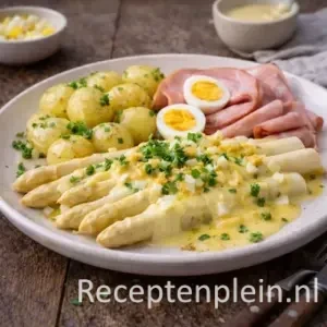 Asperges op Vlaamse wijze op rustieke houten tafel