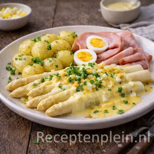 Asperges op Vlaamse wijze op rustieke houten tafel