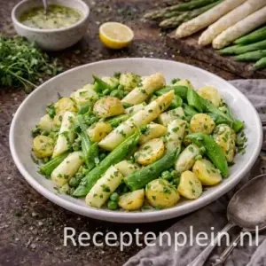 Aspergesalade met aardappeltjes en peultjes op een rustieke houten tafel.