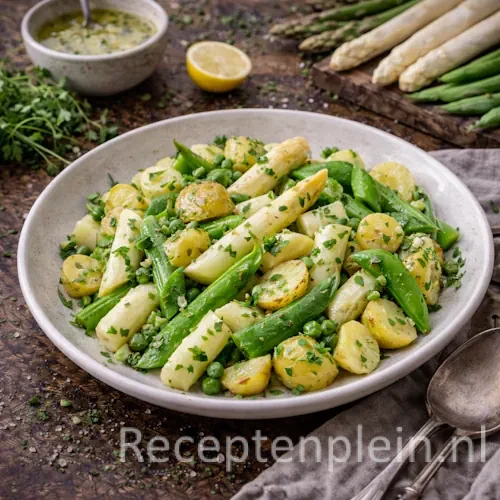 Aspergesalade met aardappeltjes en peultjes op een rustieke houten tafel.