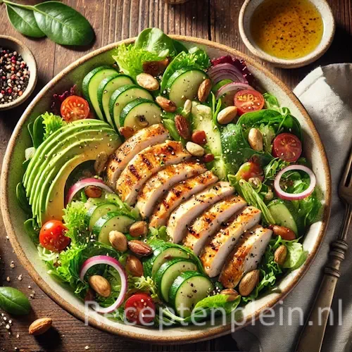 Hyper-realistische foodfoto van een Californische kipsalade in een brede keramische kom op een rustieke houten tafel. De salade bevat gegrilde kipfilet in plakken met grillstrepen, romige avocadoplakken, gemengde bladsla, cherrytomaten, komkommer, rode ui en geroosterde noten, licht glanzend van vinaigrette. Op tafel staan een schaaltje dressing, bestek en een linnen servet, helder en warm natuurlijk belicht met een frisse, zonnige uitstraling.