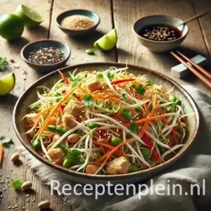 Hyperrealistische foodfoto van een frisse Chinese kip taugésalade met knapperige taugé, stukjes kip, reepjes wortel, rode paprika en lente-ui in een lichte sesamdressing, geserveerd in een ondiepe keramische schaal op een rustieke houten tafel. De salade is gegarneerd met koriander en sesamzaad. Op de achtergrond staan schaaltjes sojasaus, limoenpartjes, eetstokjes en een linnen servet in helder natuurlijk daglicht met zachte schaduwen.