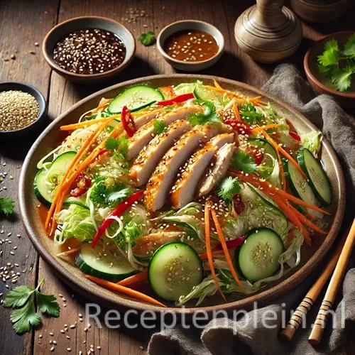 Hyperrealistische foodfoto van Chinese kipsalade geserveerd op een brede keramische schaal op een rustieke houten tafel, licht uitgezoomd zodat het tafelblad zichtbaar is. De salade bevat plakjes malse kipfilet, fijngesneden Chinese kool, wortelreepjes, komkommer, rode paprika, verse koriander en geroosterde sesamzaadjes met een glanzende sesam-gemberdressing. Naast het bord liggen houten eetstokjes, een schaaltje dressing en een linnen doek in warm natuurlijk zijlicht met een premium foodmagazine uitstraling.